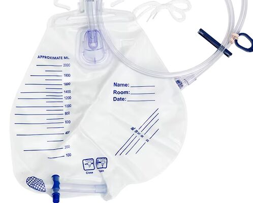Buon prezzo Sacchetto di drenaggio delle urine in PVC sterile di grado medico con capacità di 2000 ml e valvola T di uscita inferiore per un facile drenaggio in linea